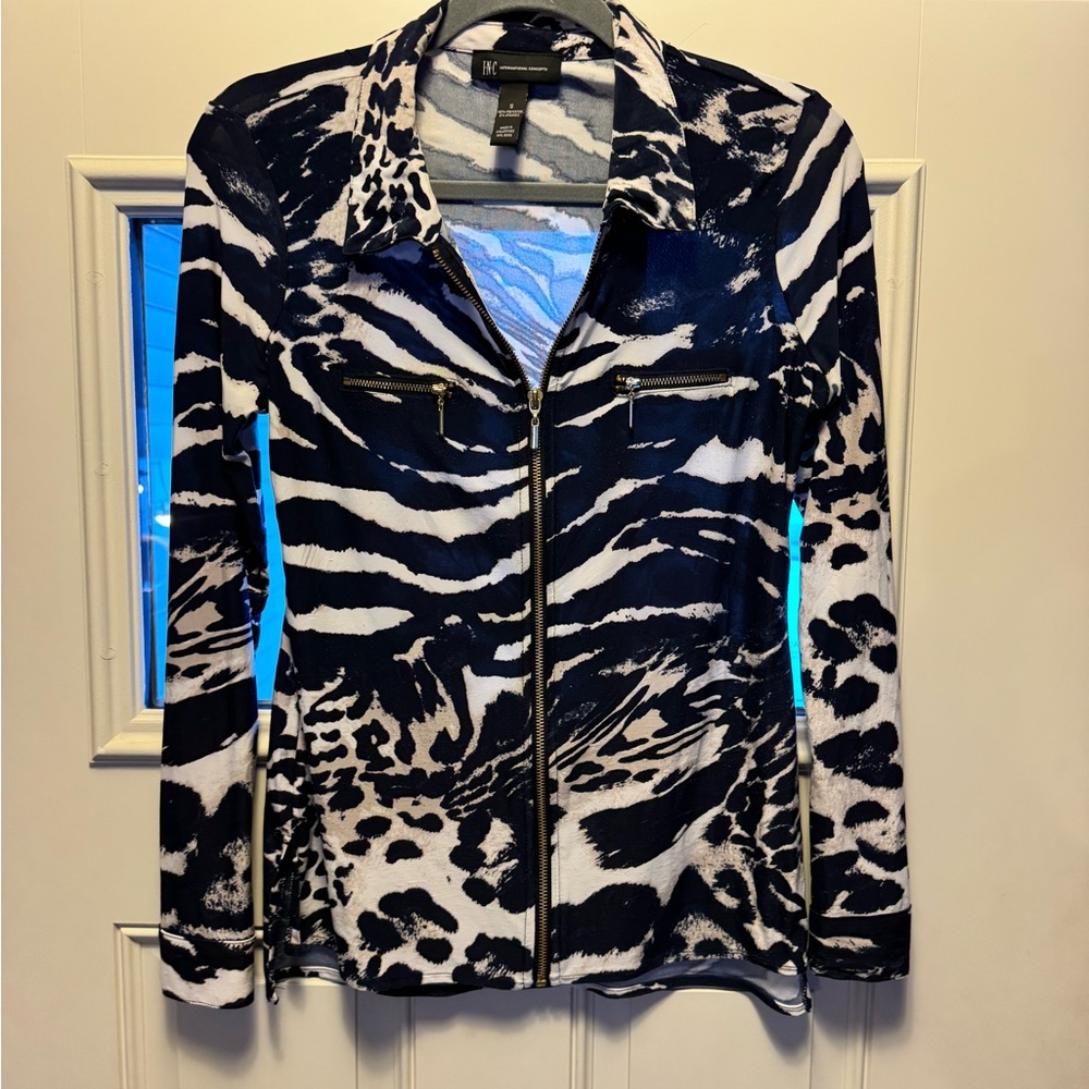 INC International Concepts Blue and Cream Animal Print Blouse